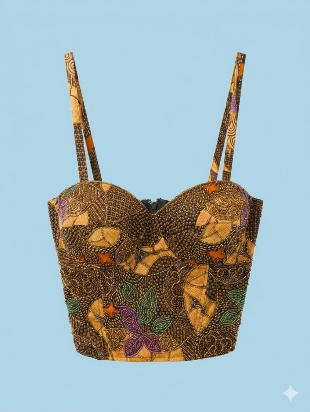 Vintage Caché Beaded Crop Top • Earthy Boho Runway Corset Bustier • Large